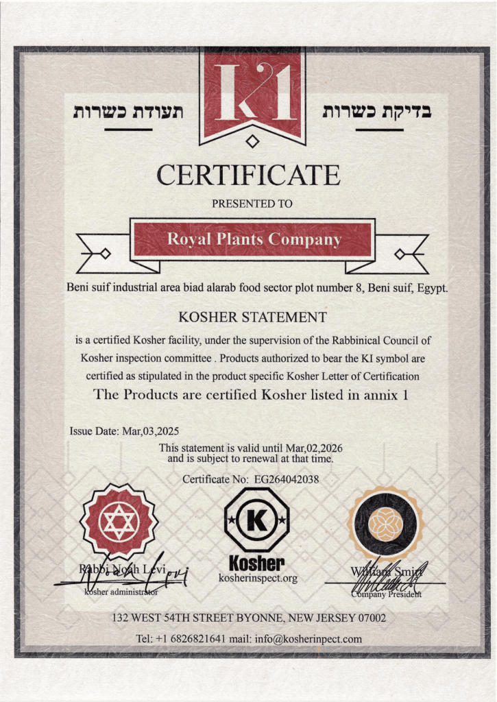 Kosher certificate for royal medical plants