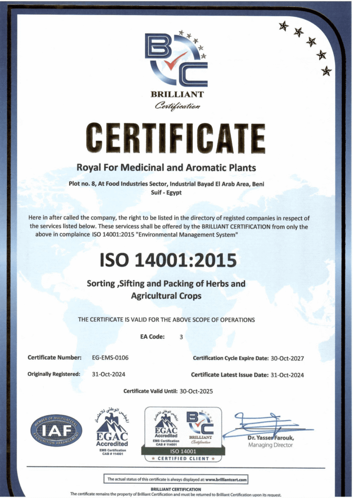 ISO 14001 certificate for royal medical plants