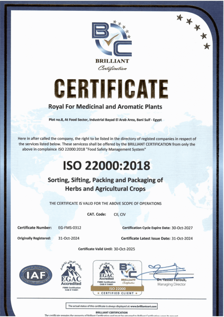 ISO 22000 certificate for royal medical plants