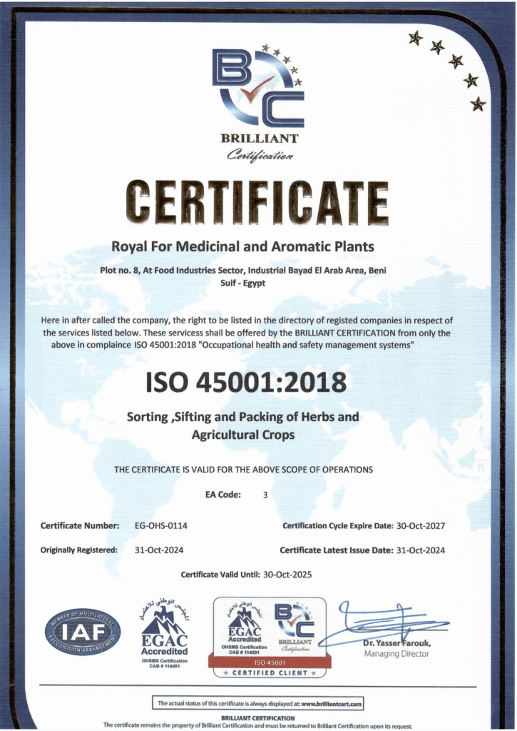 ISO 45001 certificate for royal medical plants